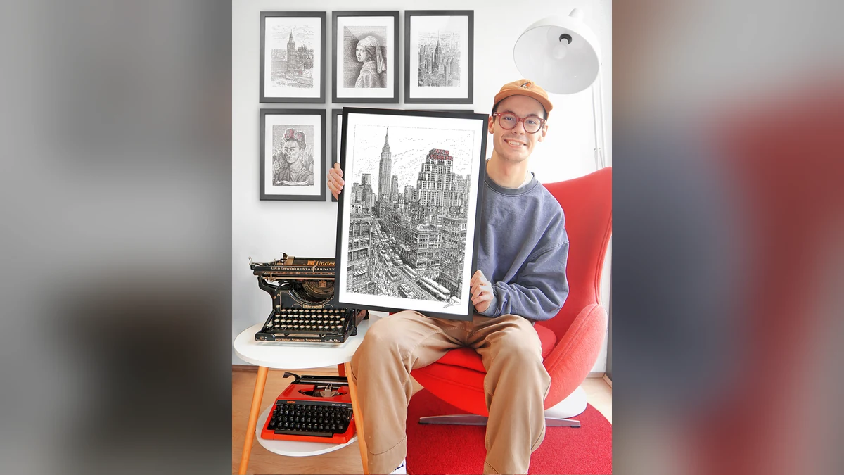 James Cook typing an architectural artwork, with a magnified detail showing letters and punctuation forming the building.