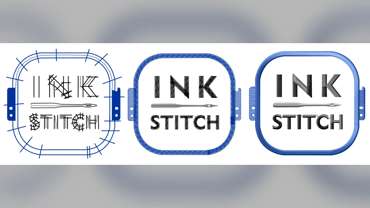 A real Ink/Stitch stitch preview beside the finished embroidered patch produced from the same SVG design.