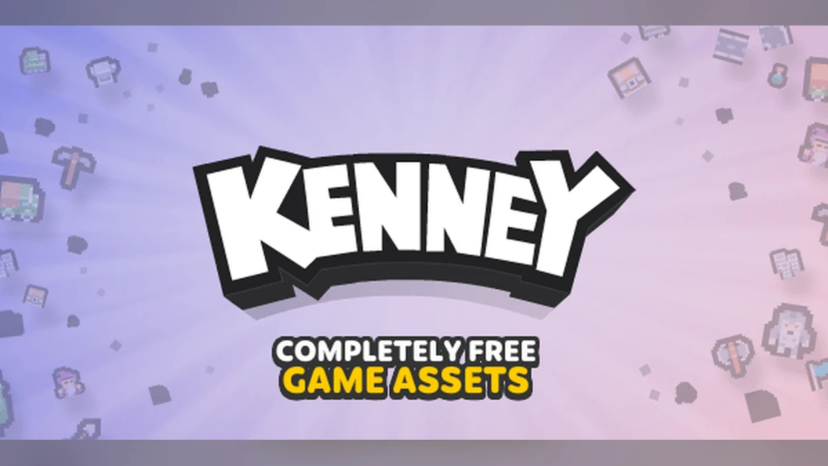 Four real Kenney game-asset packs showing 2D, 3D, interface and audio resources with a Free and CC0 label.