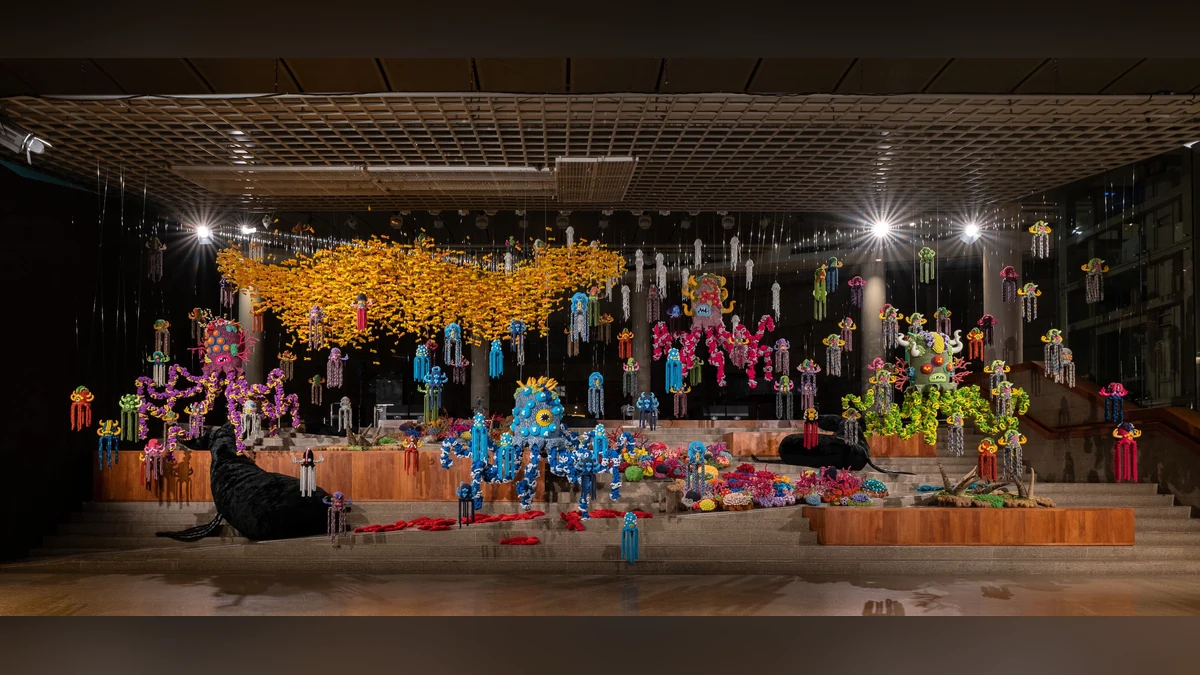 A visitor standing inside Mulyana’s large, brightly coloured crocheted coral reef installation.